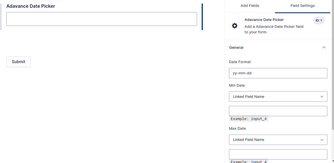 Date Picker Field in Form Editor - Easily add and configure the date picker field in your Gravity Forms editor.