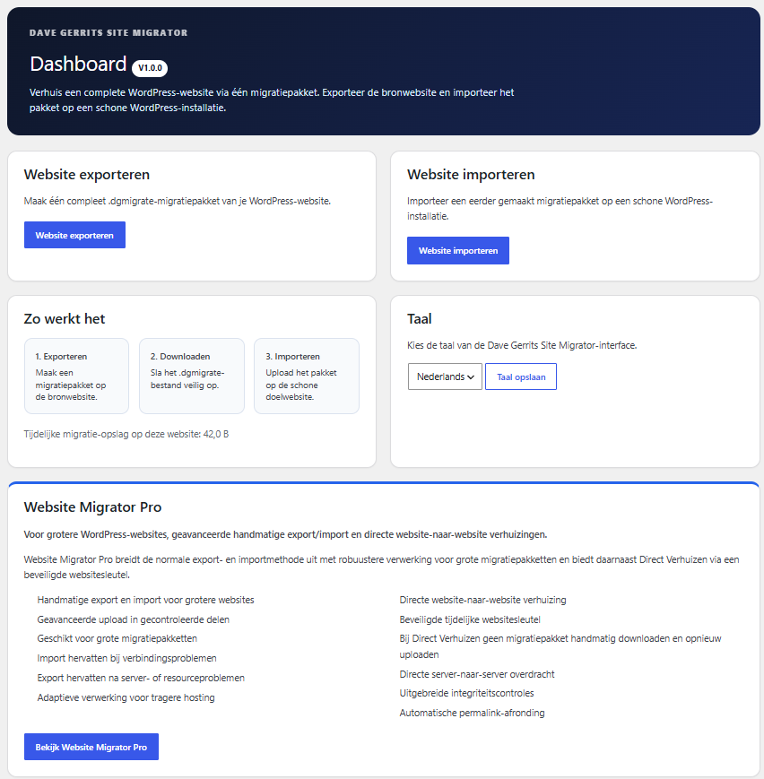 Dave Gerrits Site Migrator dashboard with export, import and language controls.