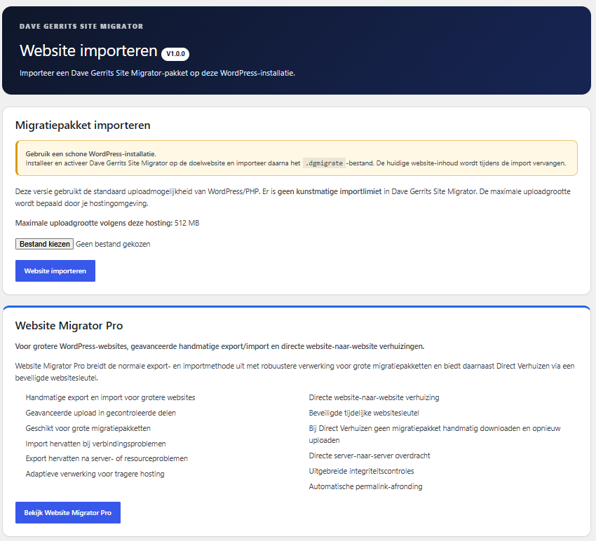 Import a migration package on a clean WordPress installation.