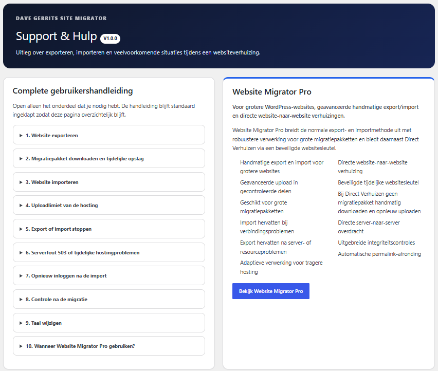 Support page with the built-in migration guide.