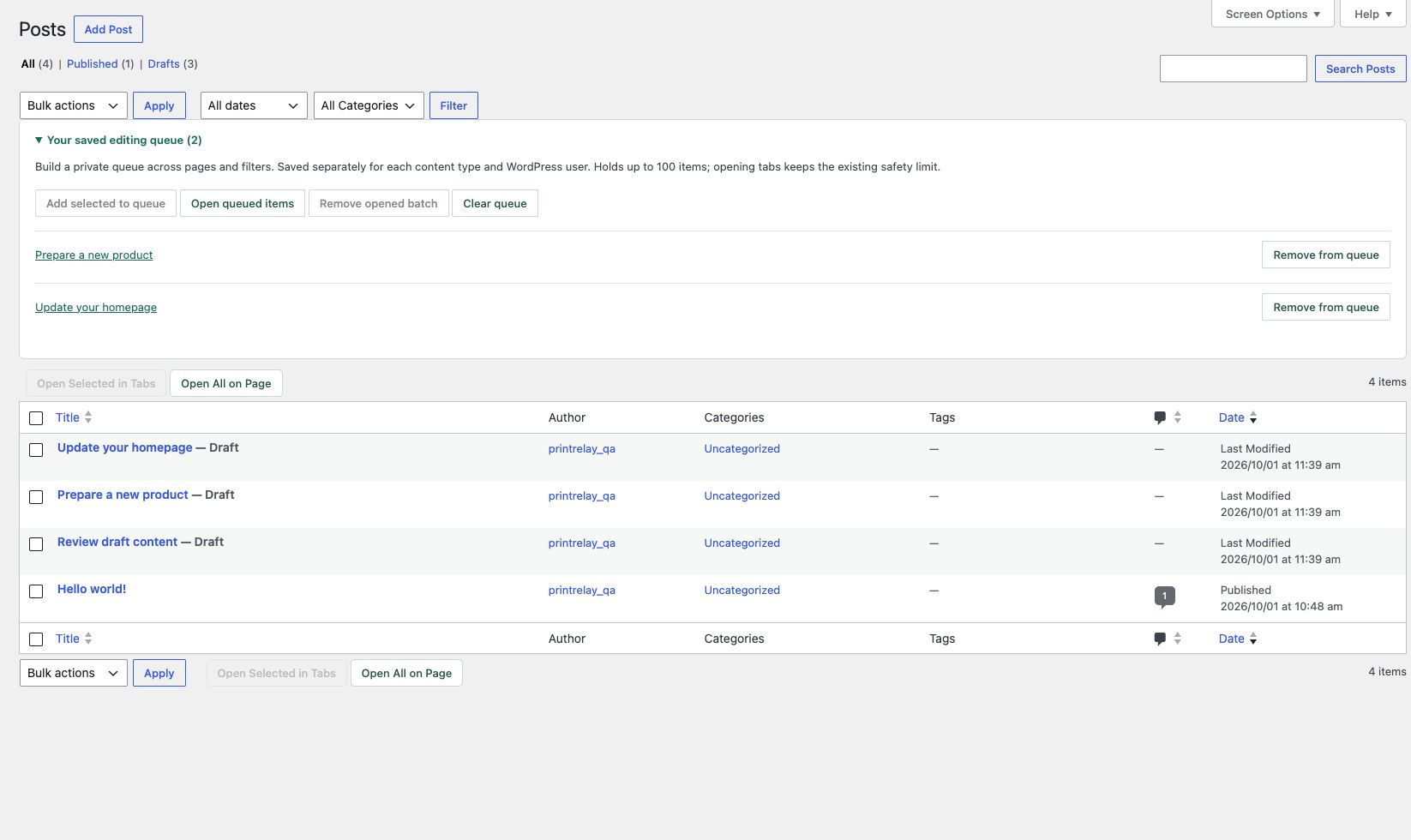 Save a private editing queue across post list pages and filters.
