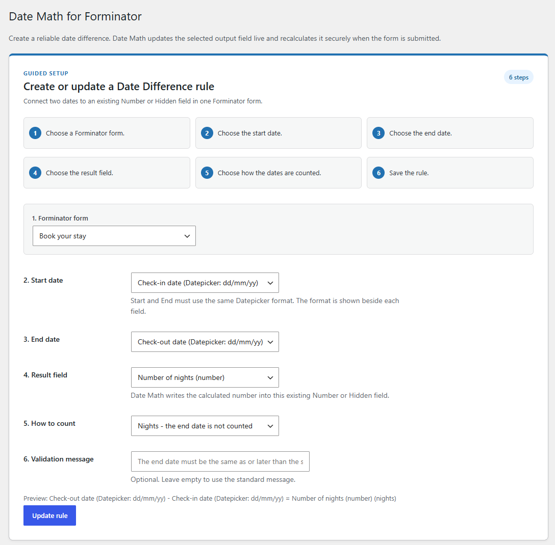 Configure a Date Difference rule by selecting a Forminator form, two Datepicker fields, and the result field.