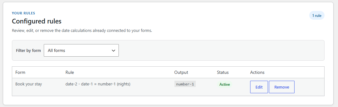 Review configured Date Difference rules and see their current status.