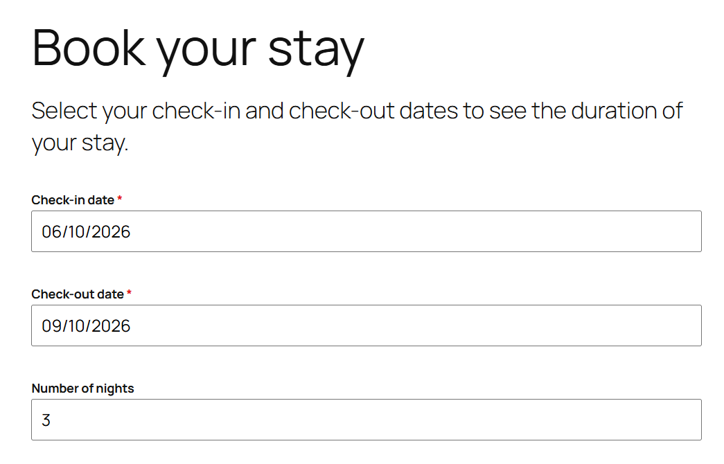 Visitors select a check-in and check-out date and immediately see the calculated number of nights.