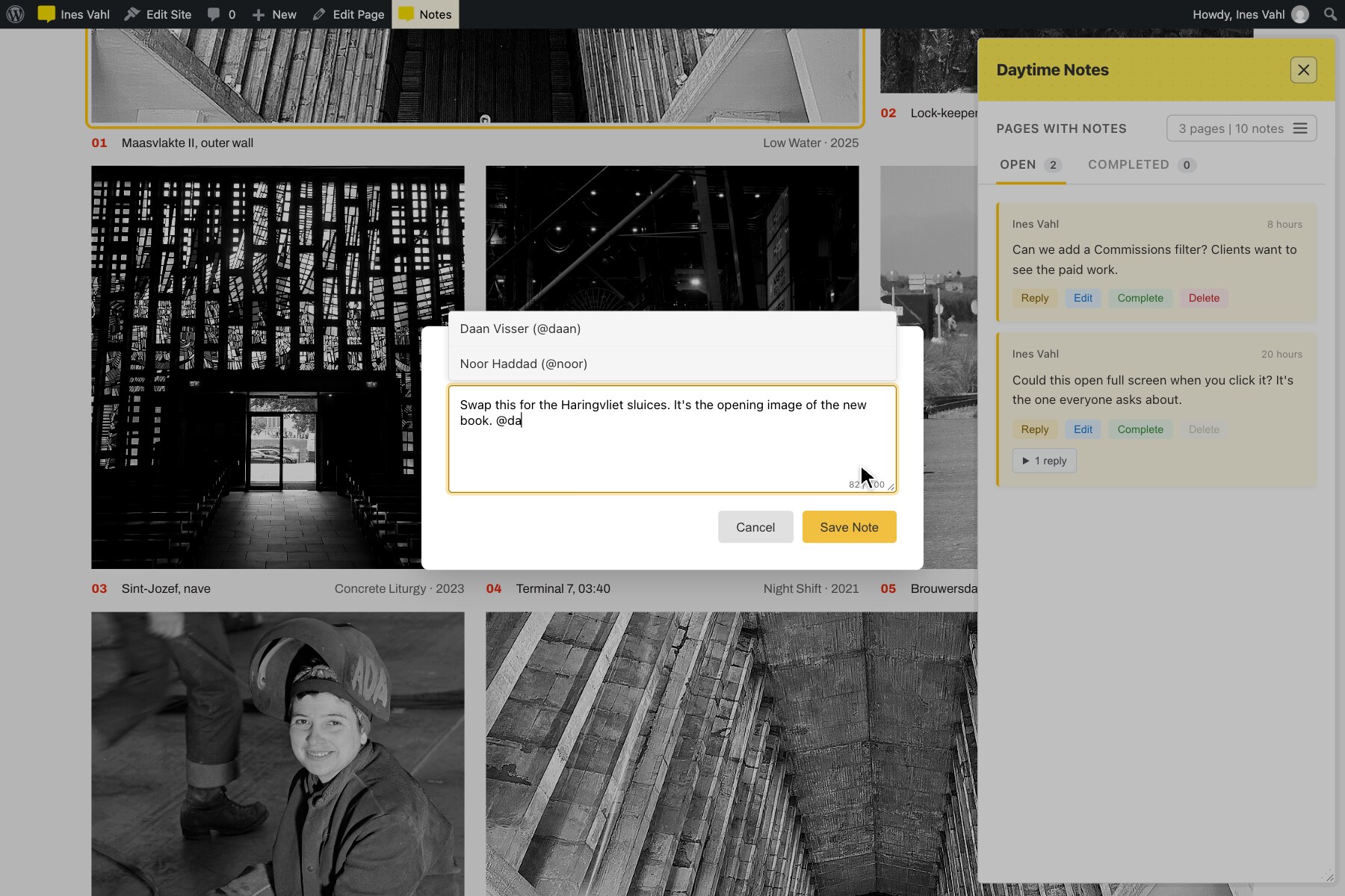 Adding a note to a photo: type @ to mention a teammate and the note is assigned to them