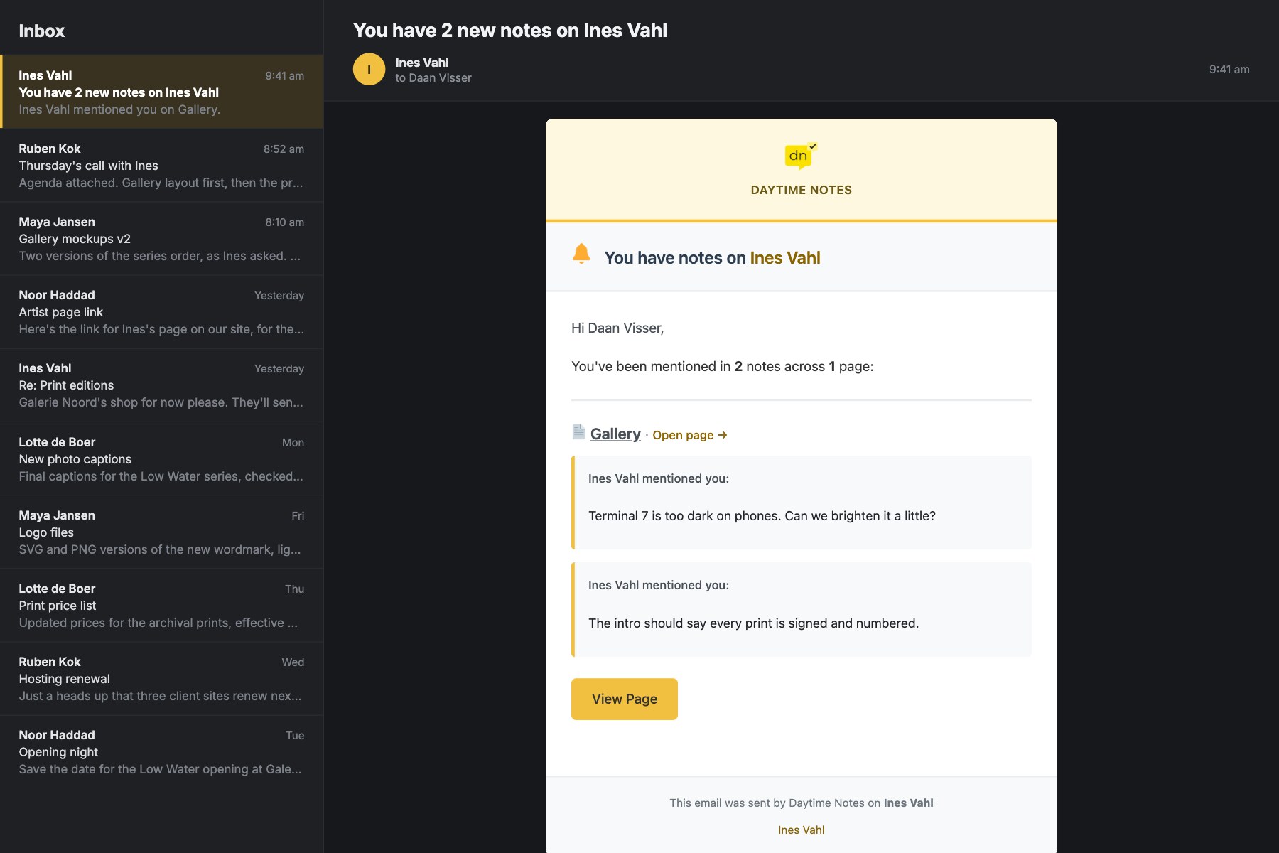 The email notification: each person gets one email listing their notes, with a link straight back to the page
