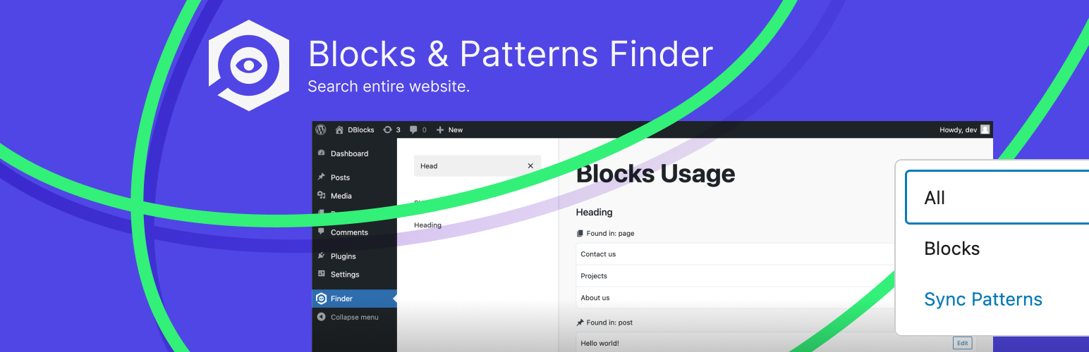 WordPress 外掛 DBlocks Finder. Blocks and Synced Patterns 的封面圖片。