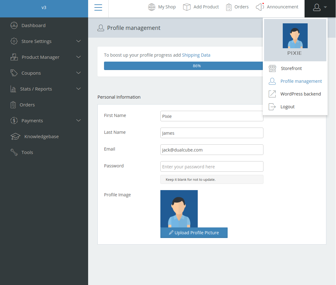 Vendor profile management form dashboard.