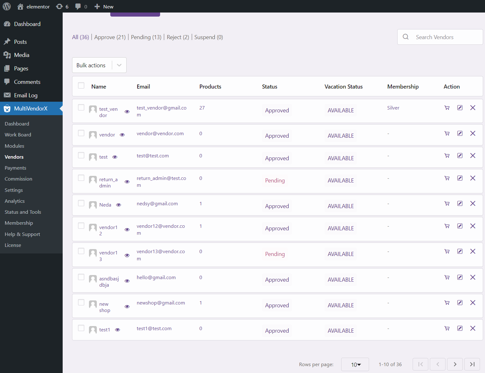 Configurações de front-end do fornecedor .