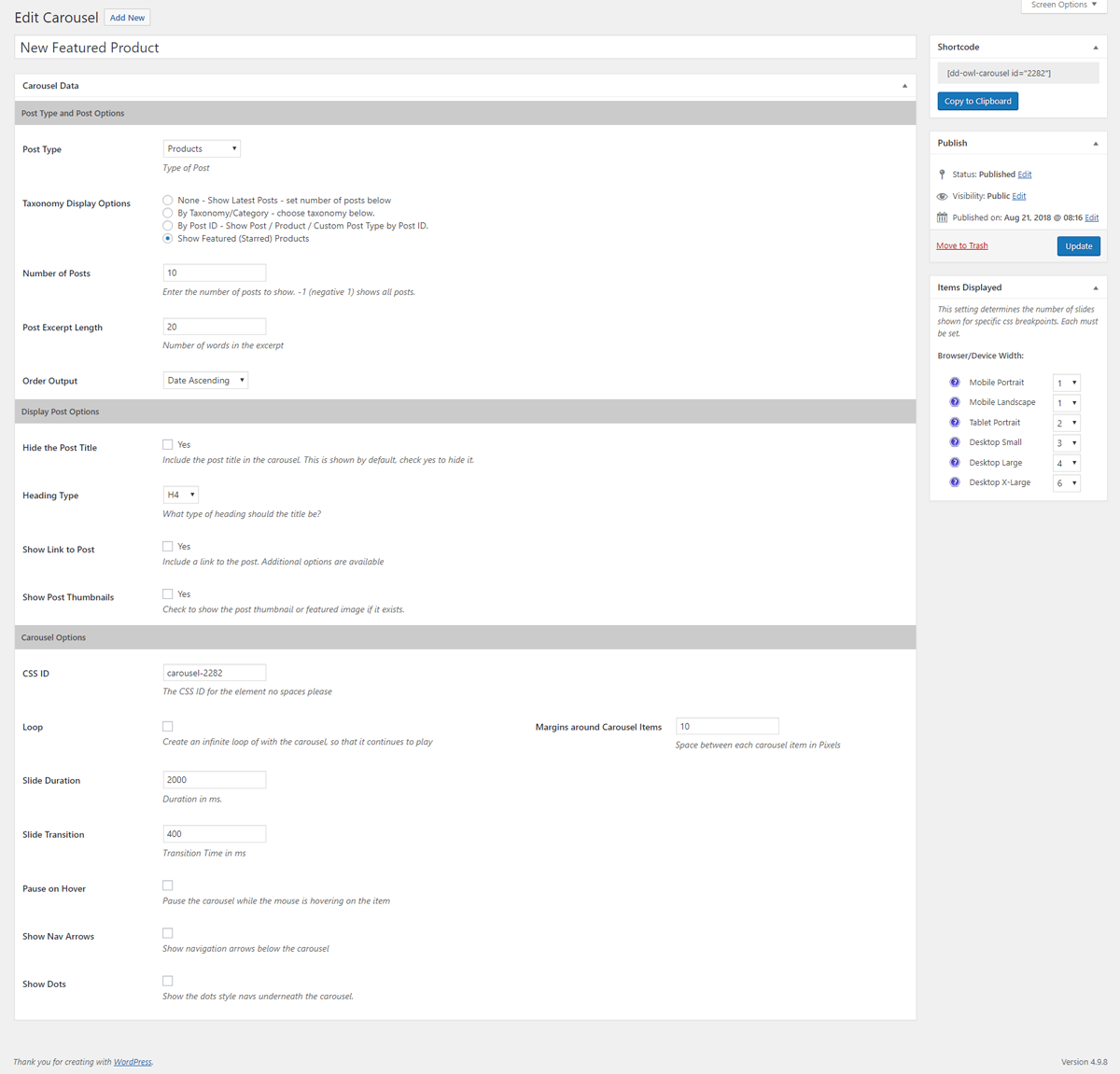 Admin View of a Featured Product Carousel