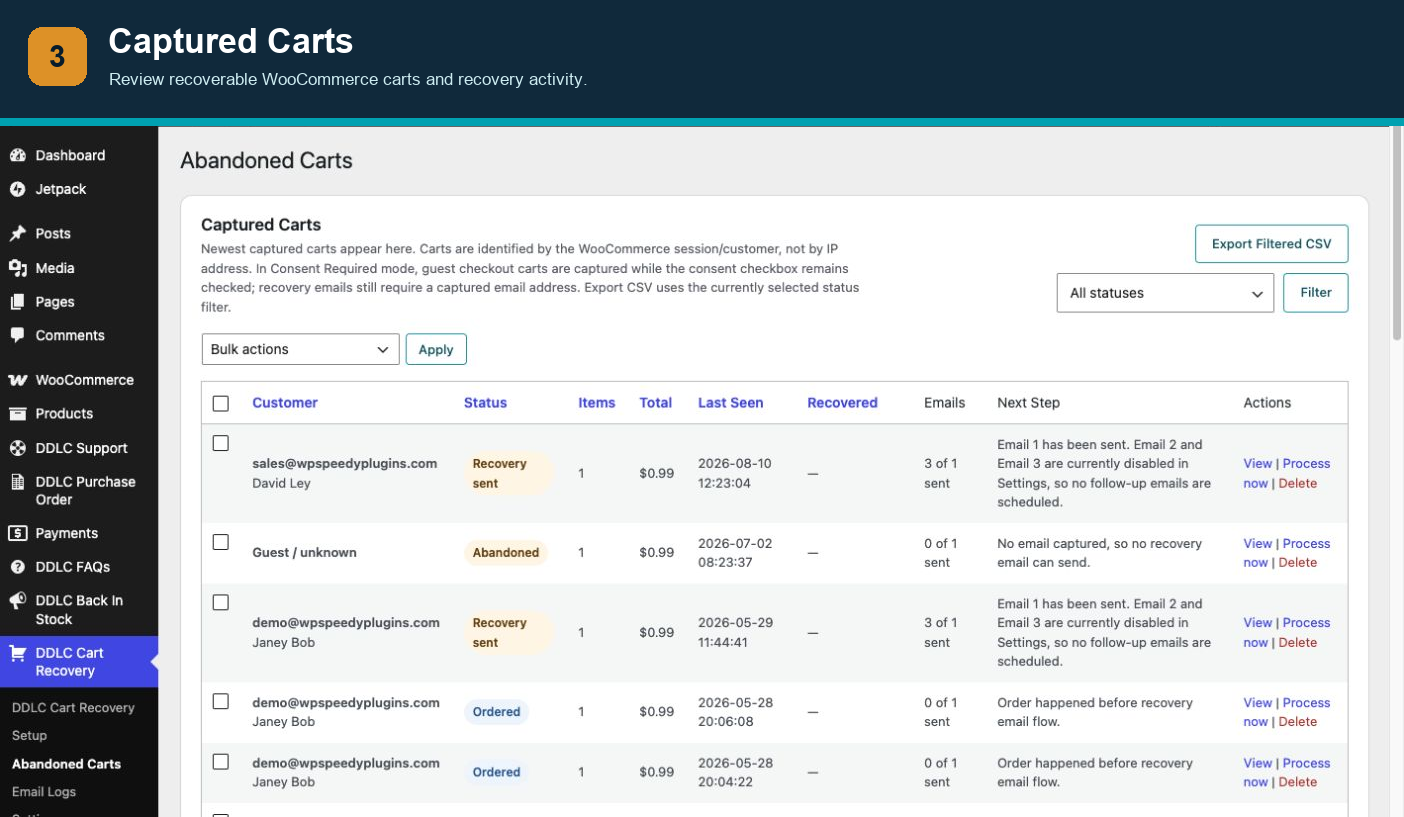 Captured Carts — Review recoverable WooCommerce carts and recovery activity.