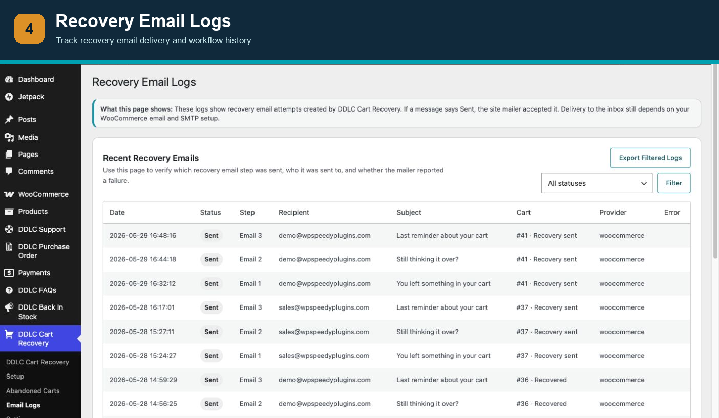 Recovery Email Logs — Track recovery email delivery and workflow history.