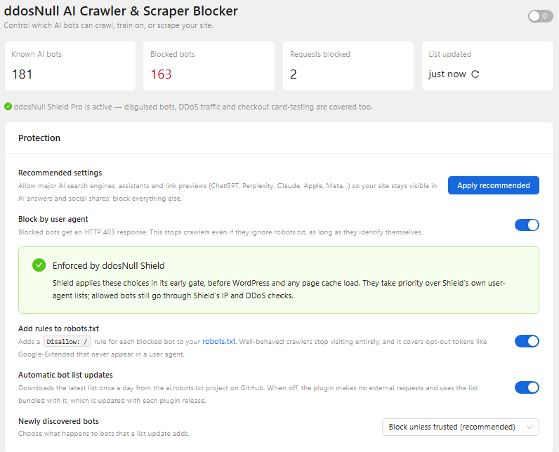 Bot overview with stats, protection settings, and one-click recommended settings.