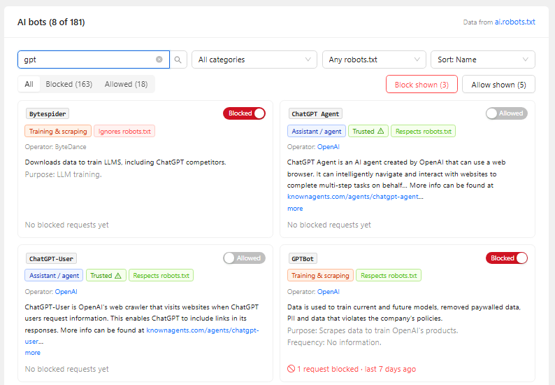 Search and filter the bot list, and block or allow each bot with a switch.
