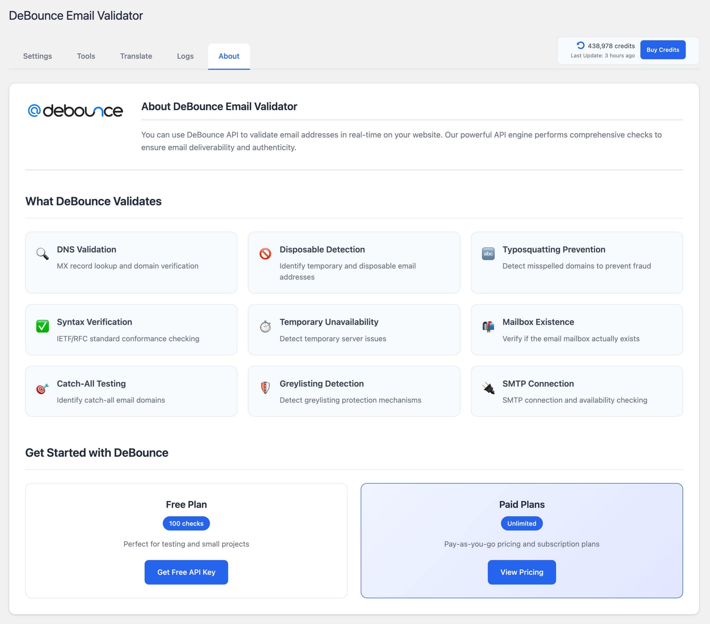 <strong>About Tab</strong> – Learn about DeBounce features and pricing