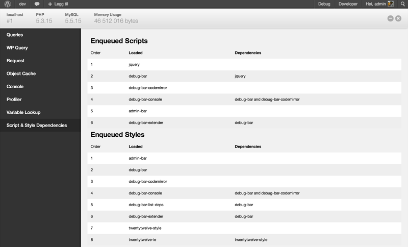 Debug Bar List Script &amp; Style Dependencies