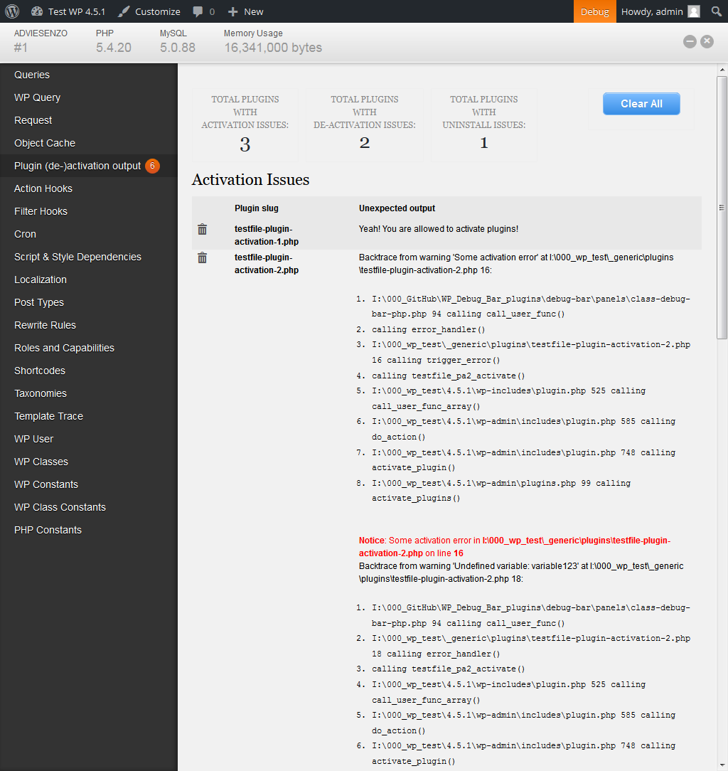 Debug Bar Plugin Activation displaying error notices.