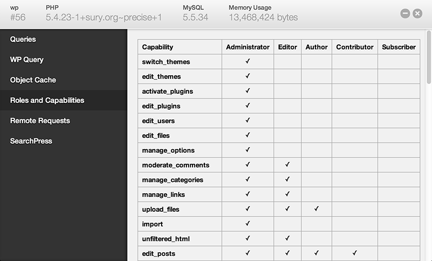 Debug Bar Roles and Capabilities