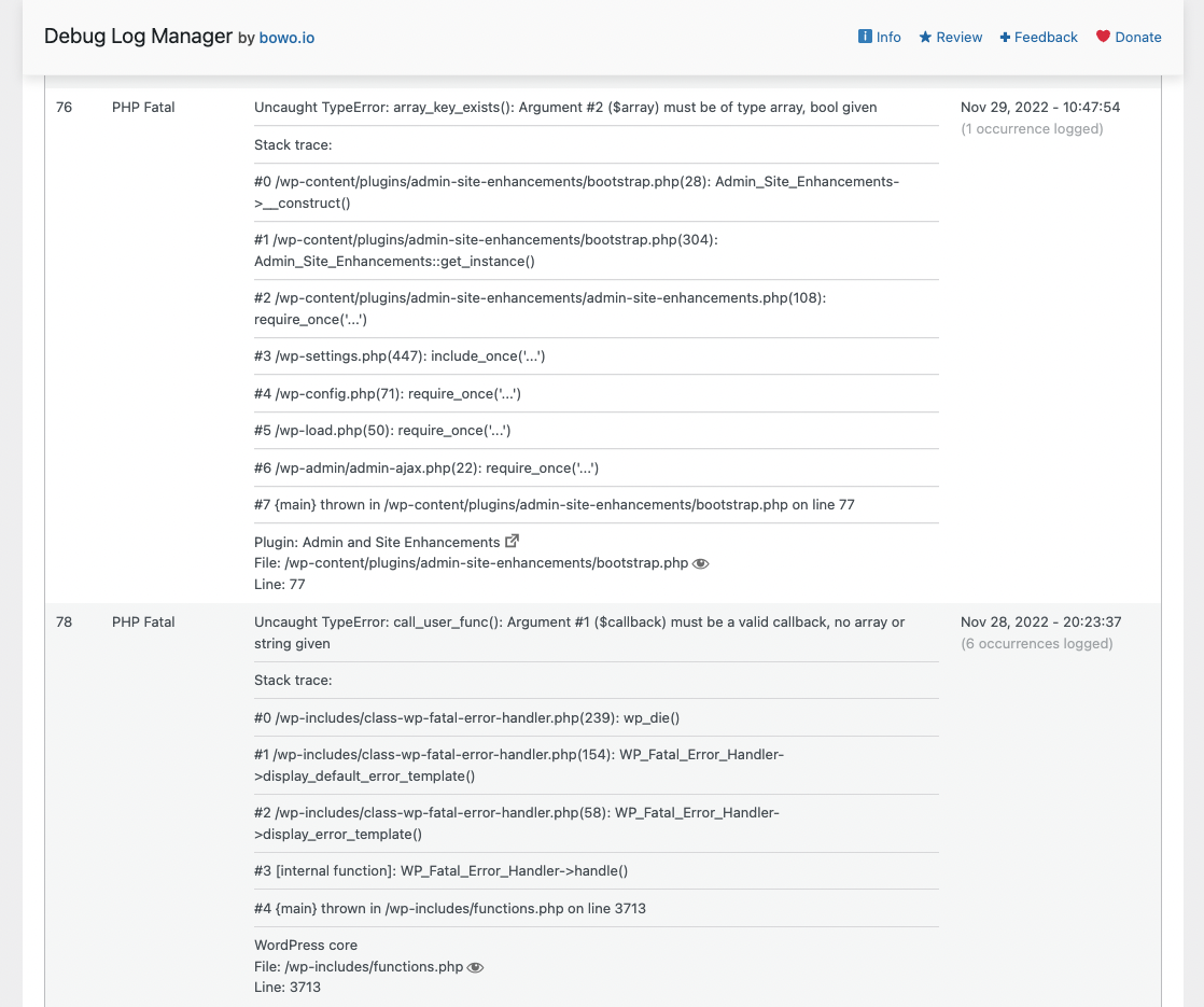 Fatal errors with the stack trace