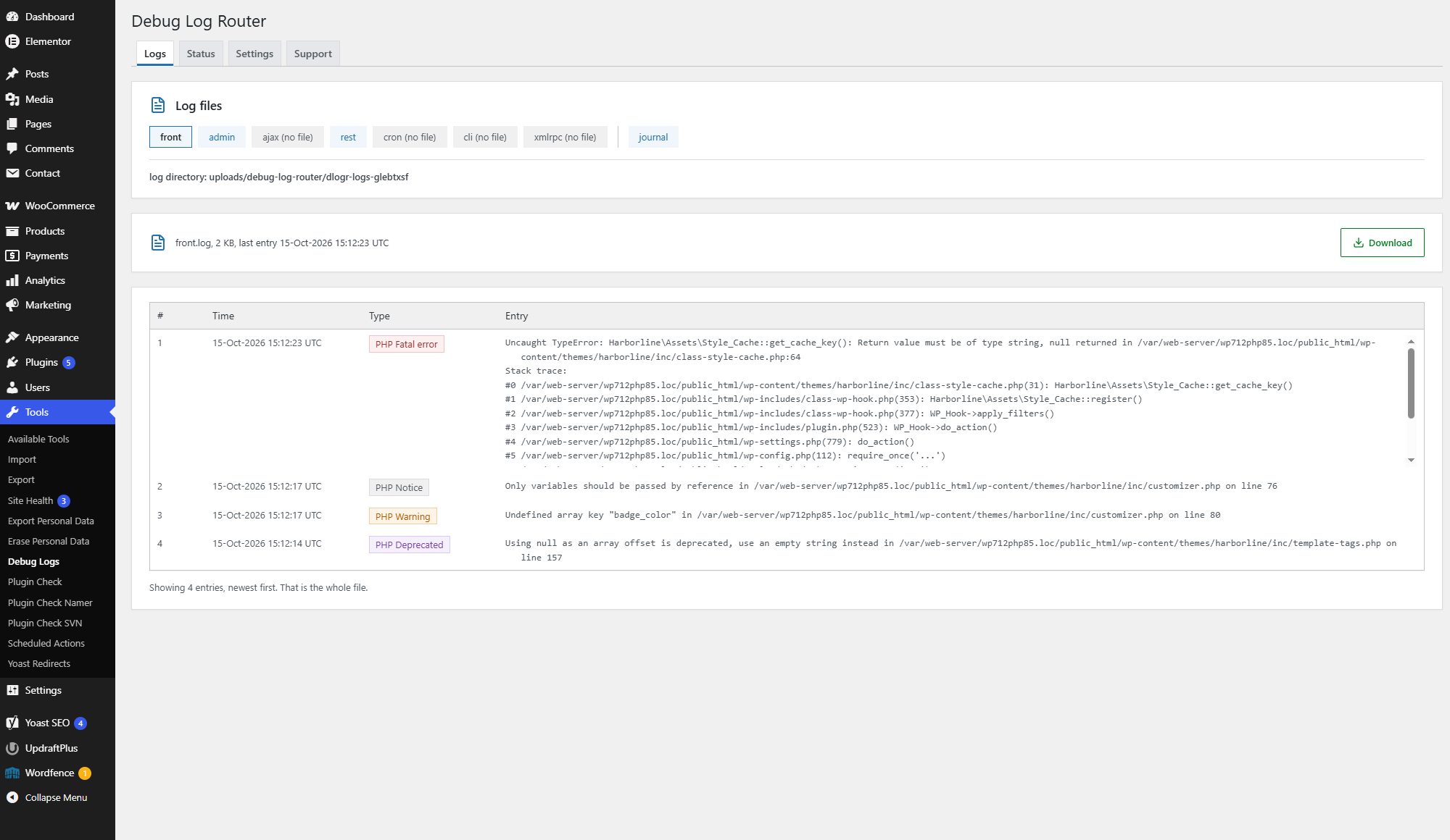 Logs tab: front.log, newest entries first, each entry's type as a colored label; a long stack trace scrolls inside its row. Above: the seven files by request type and the plugin's journal.