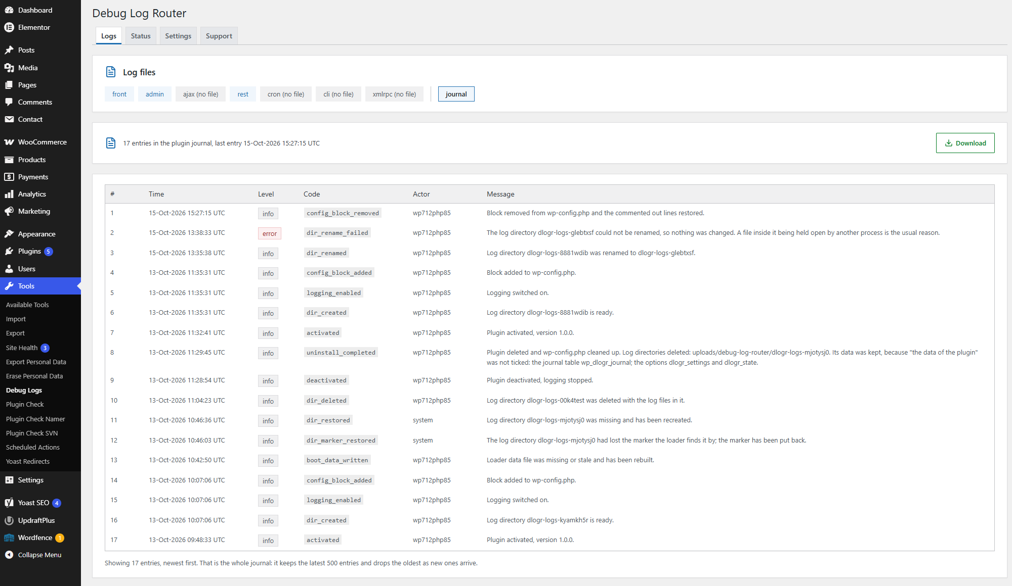 The plugin's own journal: changes to wp-config.php, logging switched on, log directories created, renamed and repaired, errors, and who did it.
