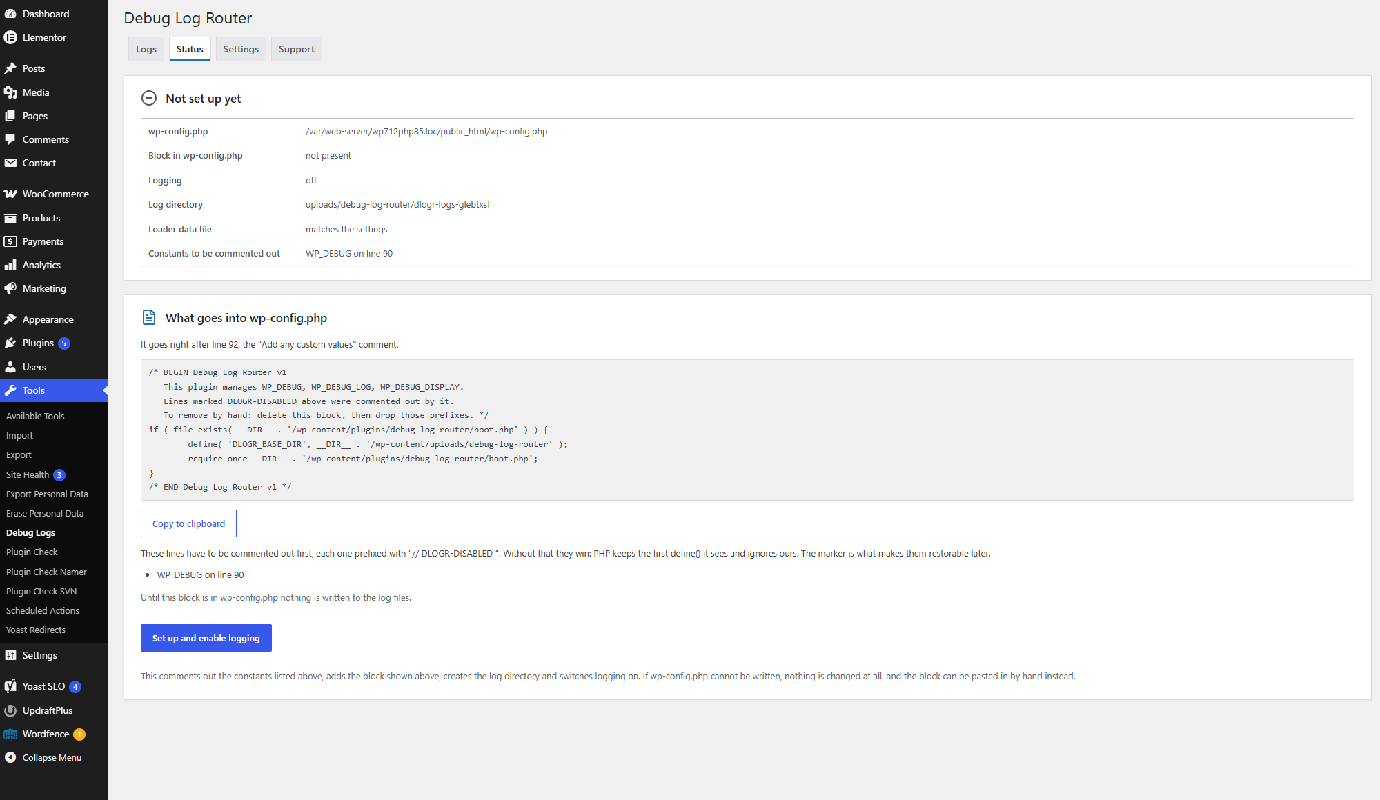 Status tab before setup: exactly what will be added to wp-config.php and where, and which lines will be commented out. Nothing changes until you press the button.