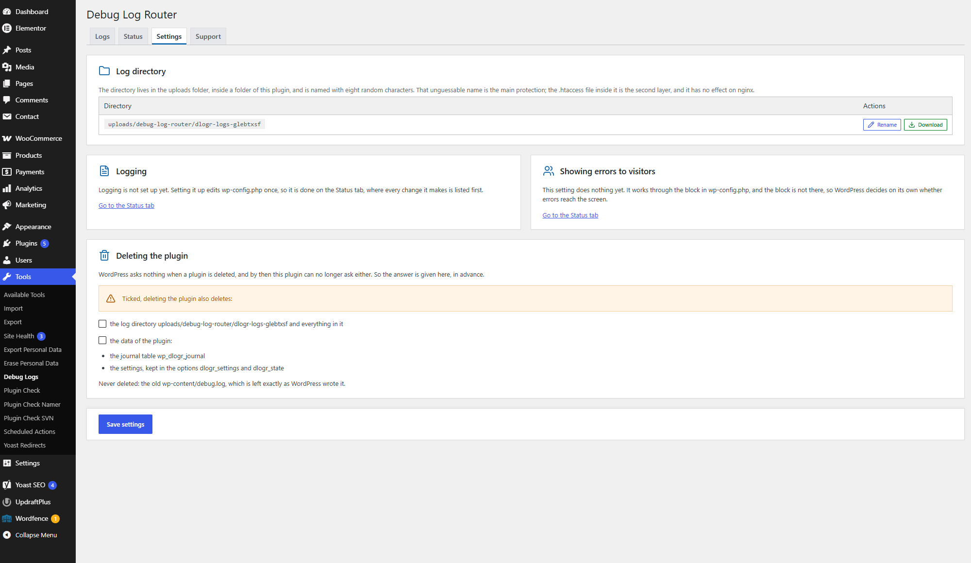 Settings tab before setup: the log directory (rename, download as an archive) and what to delete along with the plugin.