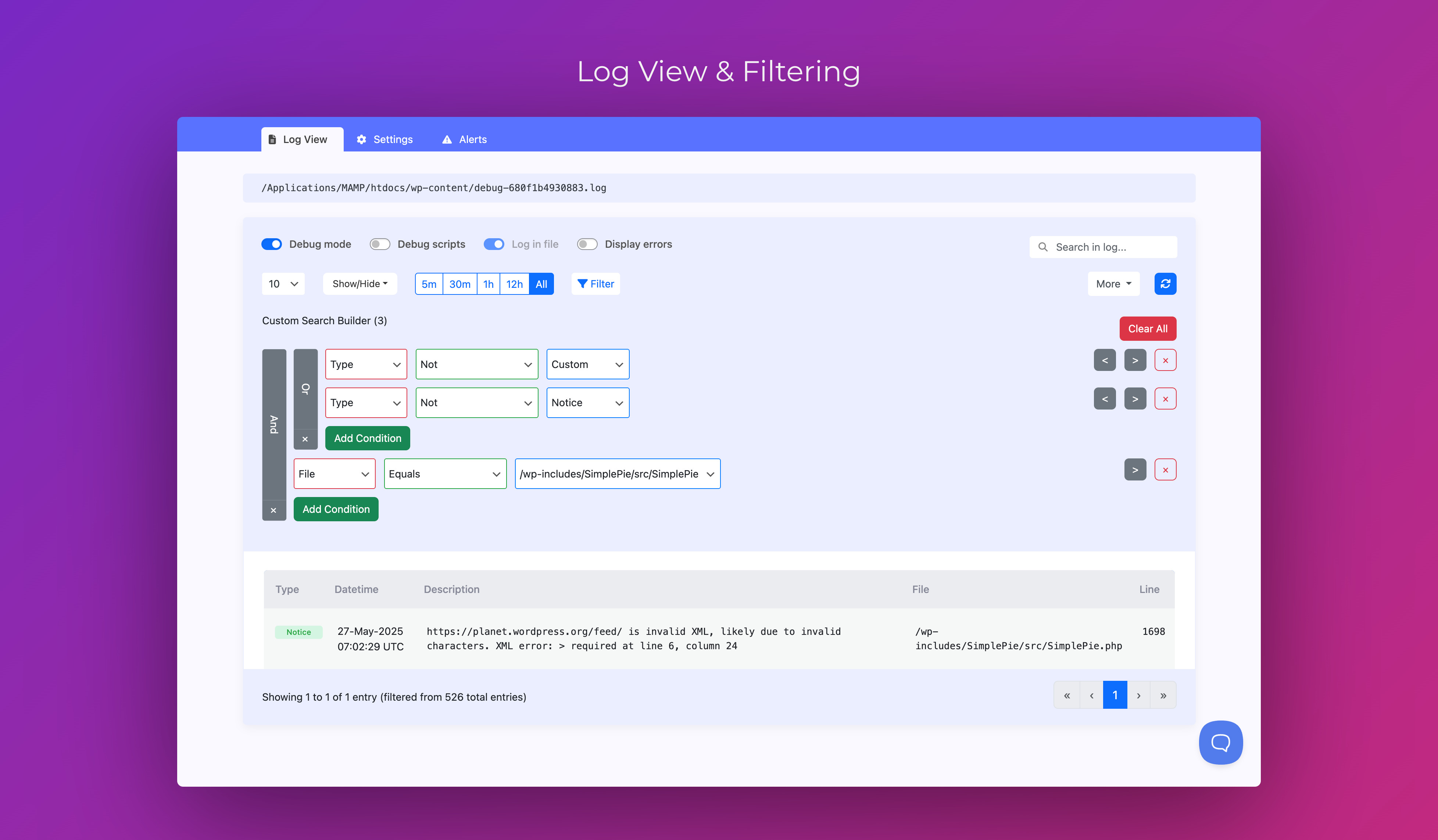 Debug Log Viewer Dashboard: The main view provides a clear and searchable interface for Browse your WordPress debug.log file within the WordPress admin.