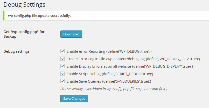 <strong>Debug Configuration Save Setting</strong>: Save Debug setting with success message.