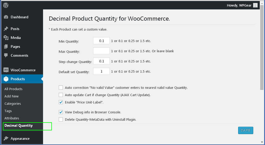 screenshot-1.png Admin page | WooCommerce Products -> Decimal Quantity. Here are the all Options: "Defaults for all Products" and Setup.