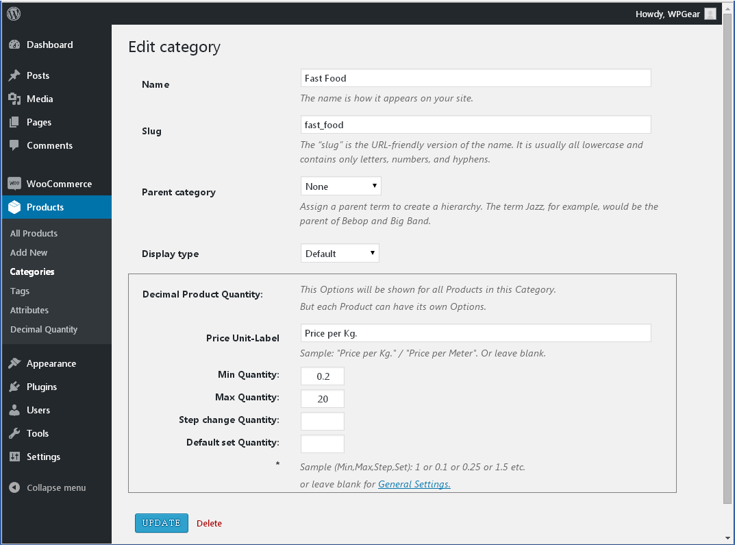 screenshot-7.png Admin page | WooCommerce Products -&gt; Categories. "Price Unit-Label" and "Quantity options" for all Products in this Category.