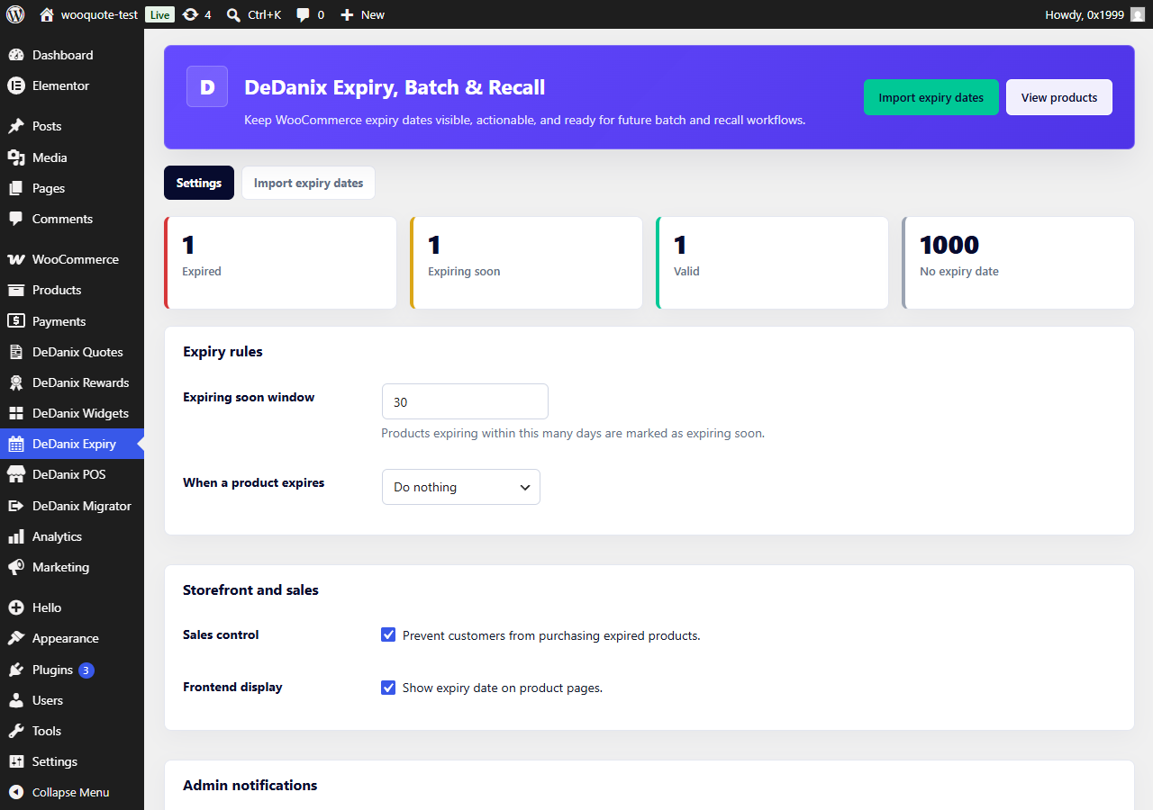Expiry dashboard with expired, expiring soon, valid, and missing-date product counts.