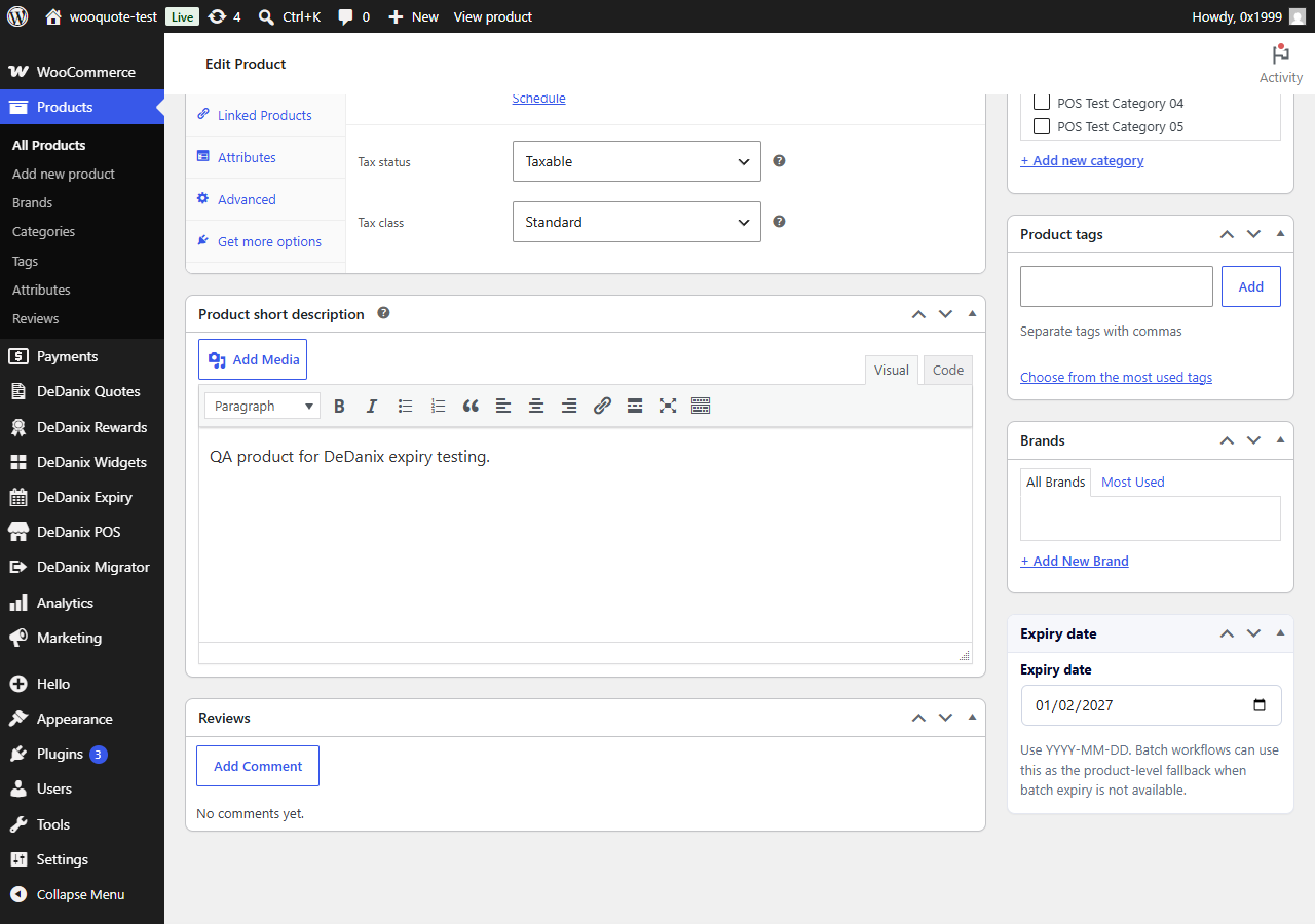 Product edit screen with the expiry date field.