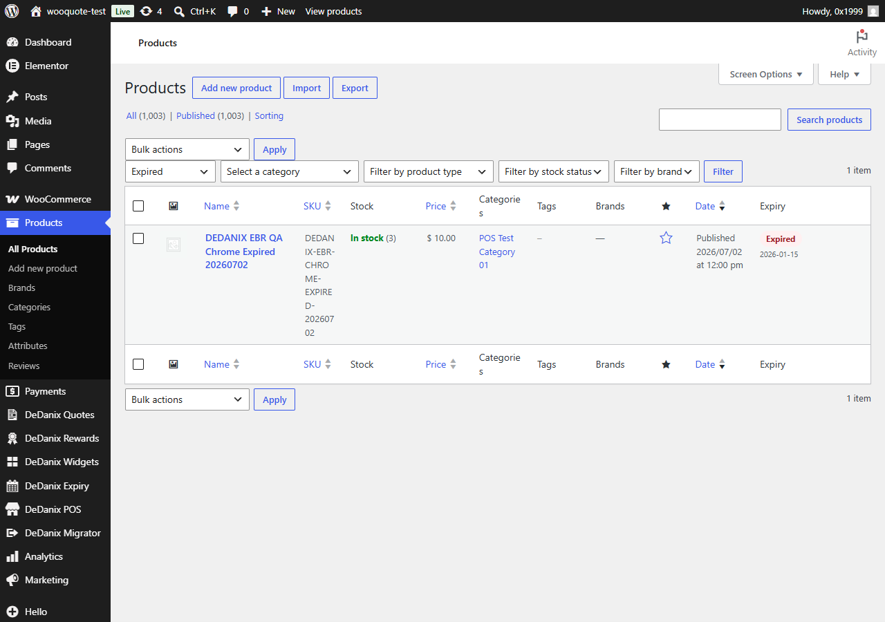 Products list with expiry status badges and filters.