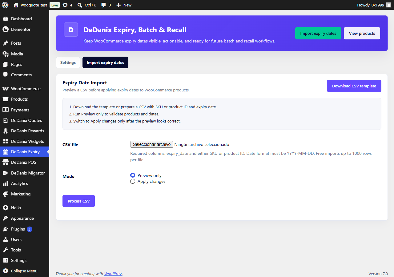 CSV expiry import with preview and apply modes.