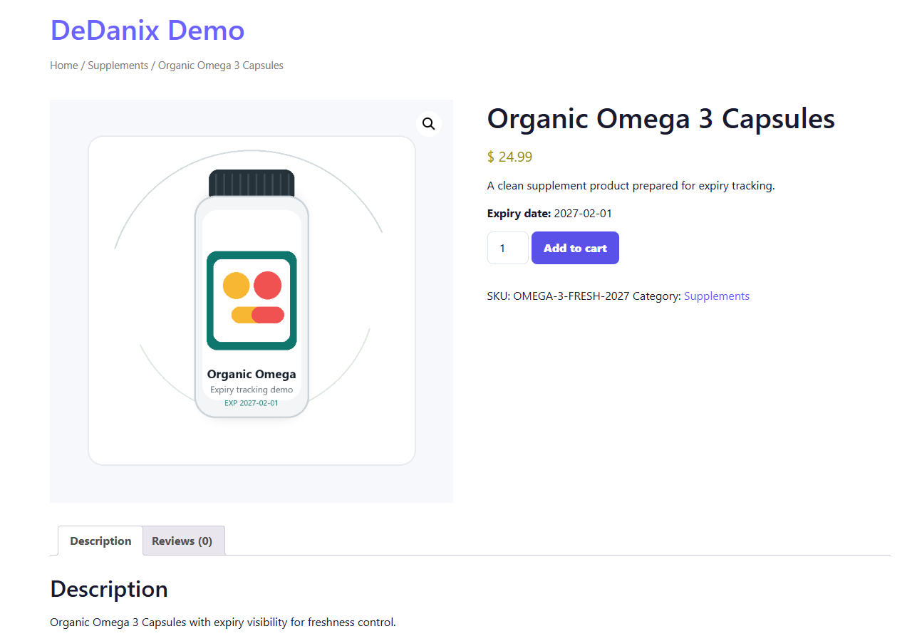 Optional frontend expiry date display on a product page.