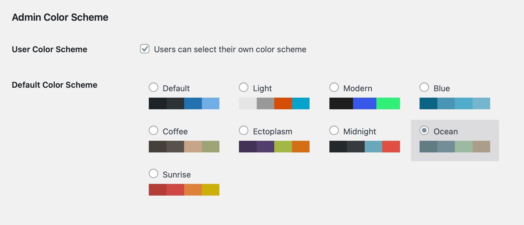 Select a default admin color scheme on the ‘General’ settings page in your WordPress admin