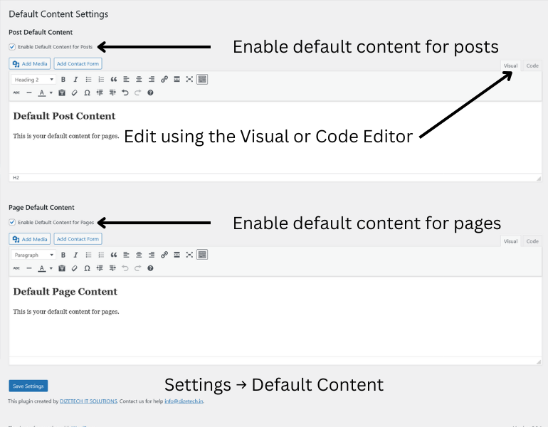Settings page with options for posts and pages.