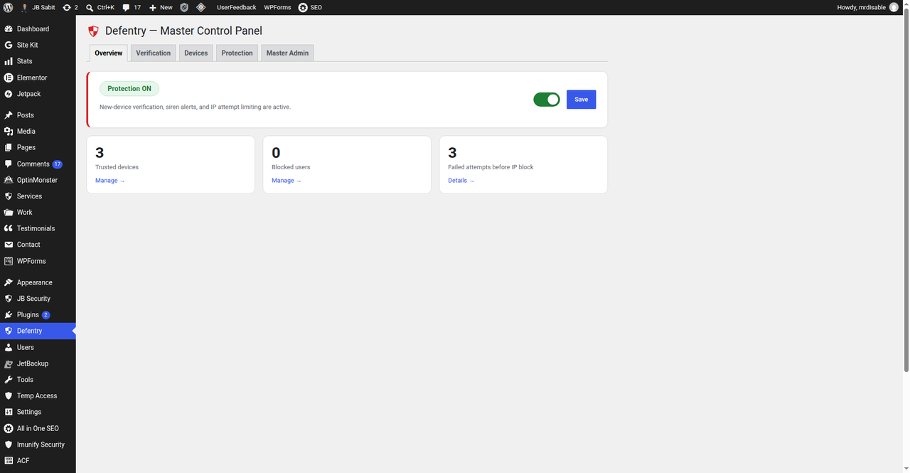 Master control panel (Overview) — protection status, trusted-device counts and security stats at a glance.