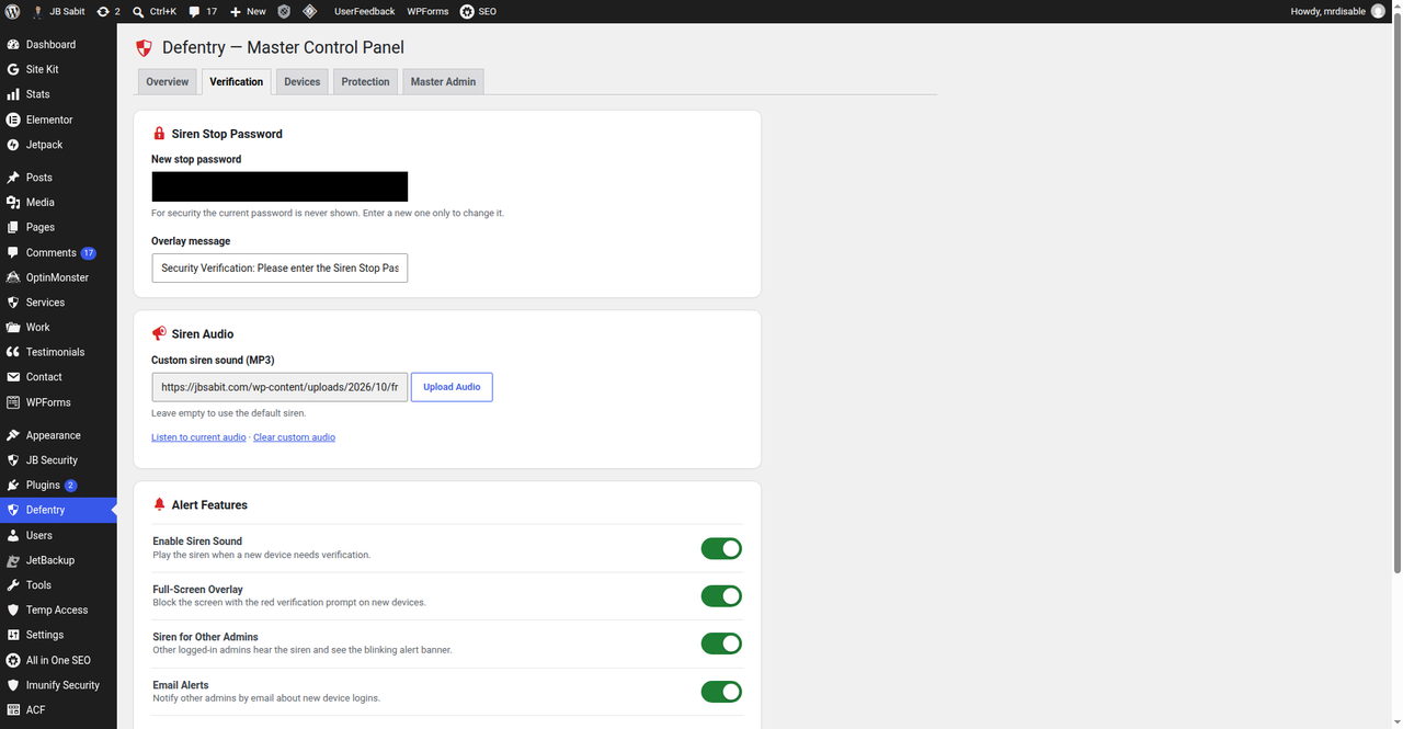 Verification settings — feature toggle switches, siren stop-password and custom siren audio controls.