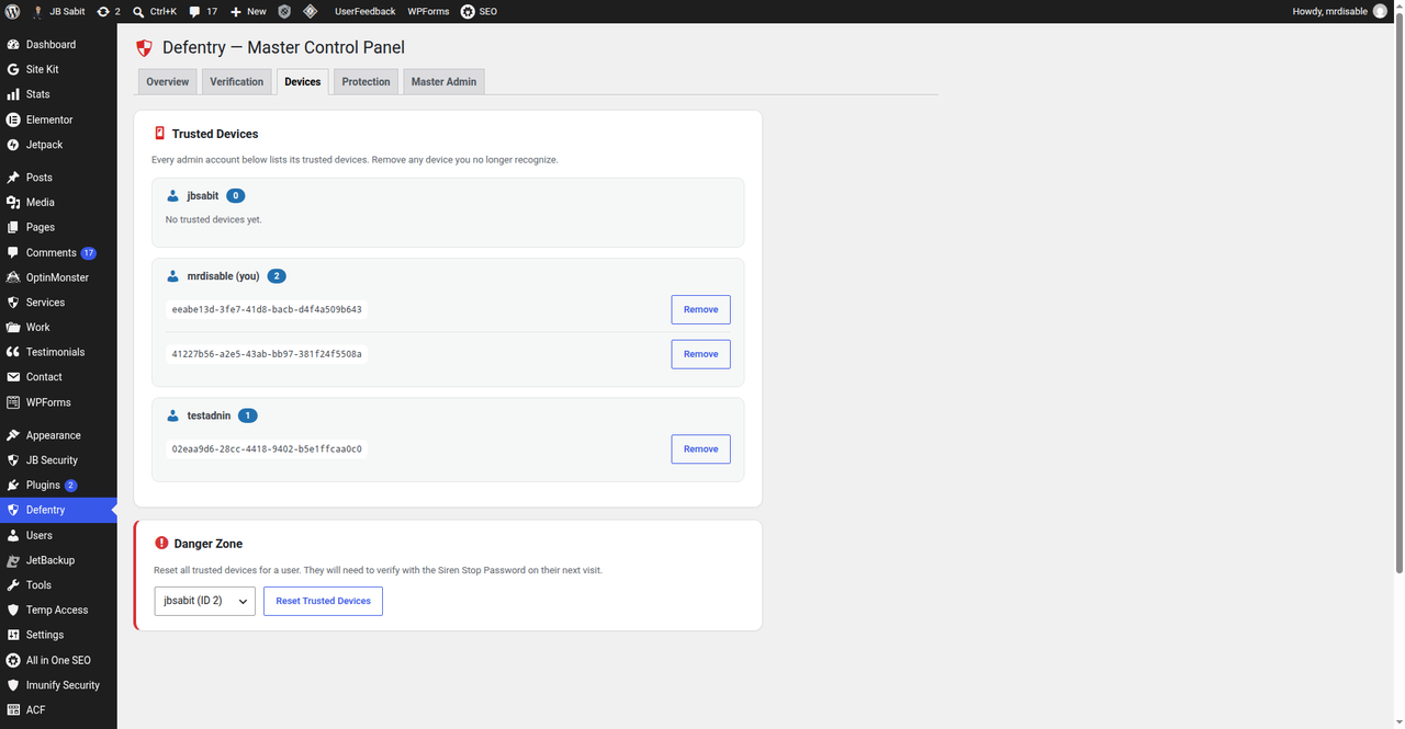 Trusted device management — per-admin device lists with one-click remove and danger-zone reset.
