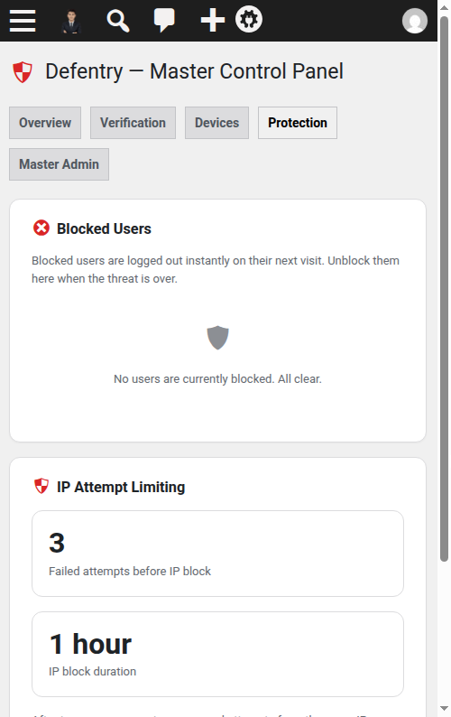 Protection tab — blocked-user rows, IP attempt-limit stat tiles and one-click IP blocking.