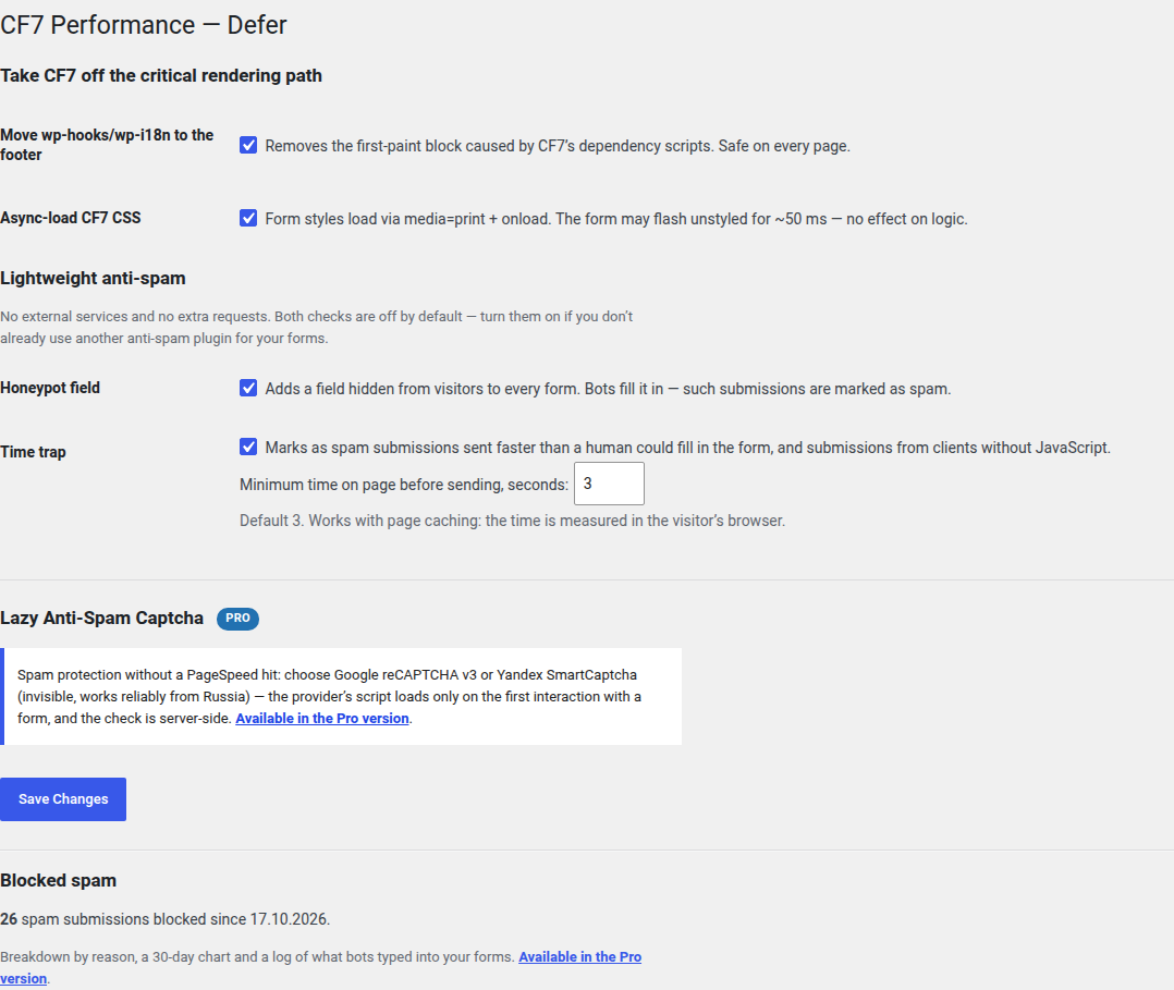 Plugin settings page under Contact → Performance: defer/async toggles, the lightweight anti-spam options and the blocked-spam counter.
