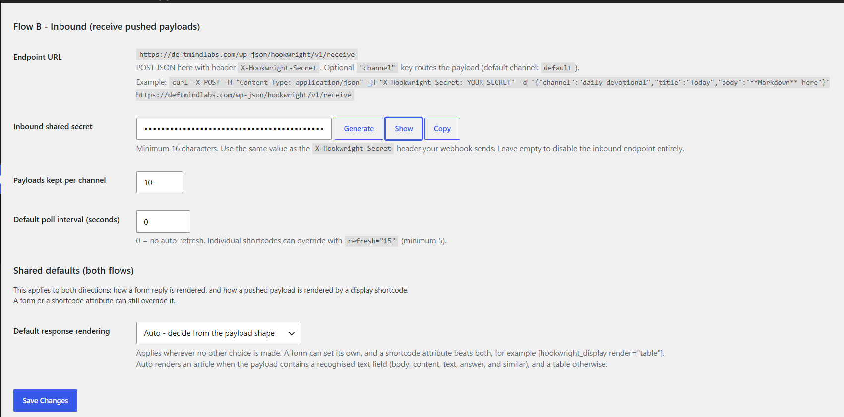 One screen connects your site to any automation platform. Your webhook address and any token stay on the server and never reach a visitor's browser.