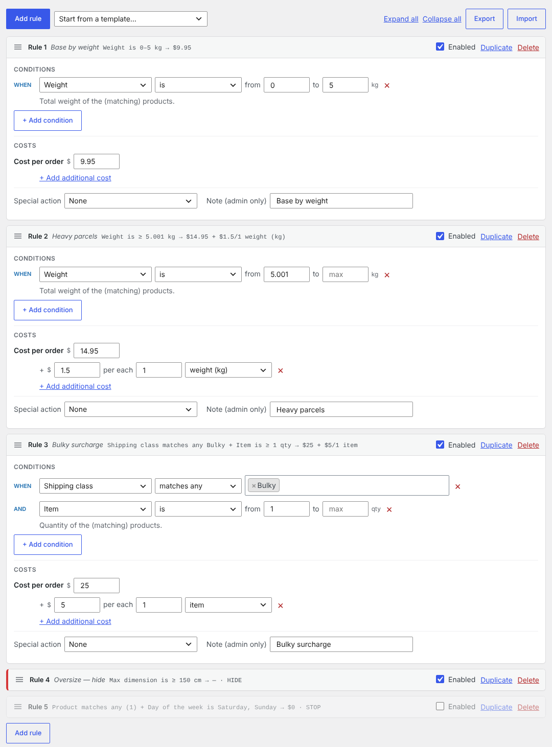 The rules editor: conditions, costs, additional costs and special actions, with a one-line summary of every rule.