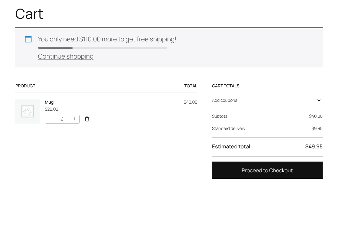 A live "left to free shipping" notice and the calculated rate in the WooCommerce Cart block.