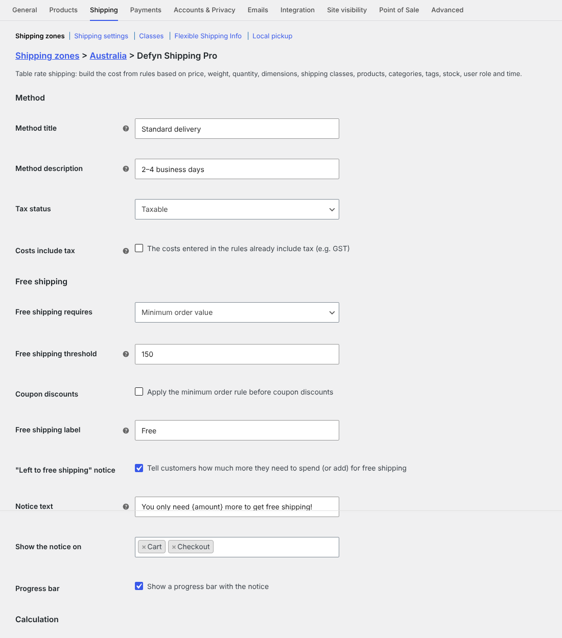 Method settings: free shipping, calculation, DIM factor, visibility and debug mode.