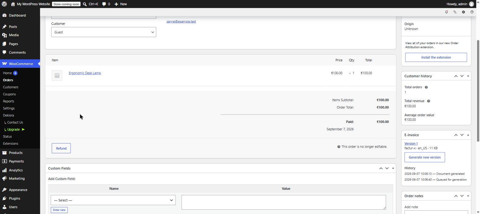 The e-invoice box on the order screen, with document versions and history.