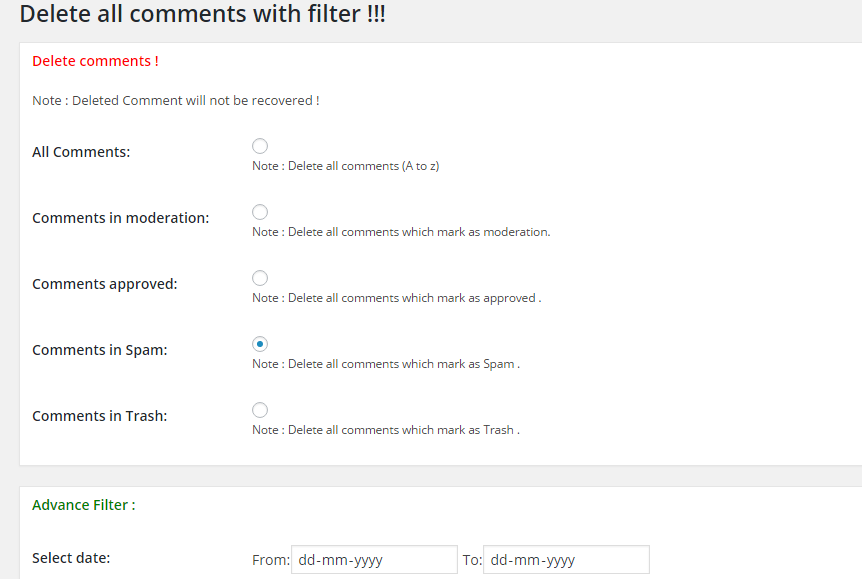 Confirmation screen for deleting comments