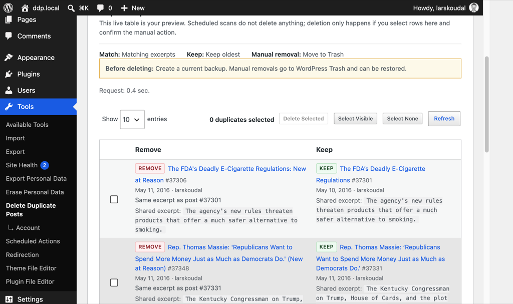 Duplicate review table with Remove vs Keep labels, match reason, date, and author.